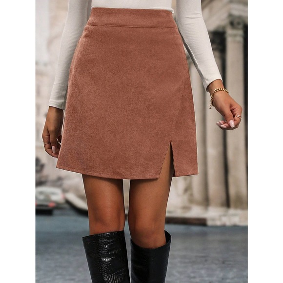 Minimalist High Waist Split Hem Corduroy mini Skirt - Picture 3 of 12